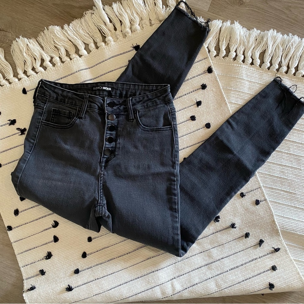 Fashion Nova High Waist Black Raw Hem Skinny Jeans
